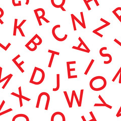 Seamless pattern with letters. Abstract red letters on white background. Graphic style with alphabet. Stylish alphabet background. For prints, textiles, wrapping, wallpaper, website, blog etc. VECTOR