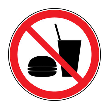 Do not eat and drink icon. No food or drink symbol isolated on white background. No eating and no drinks allowed. Red circle prohibition sign. Stop flat symbol. Stock vector