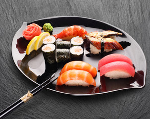 Traditional japanese food. Sushi and sushi rolls.
