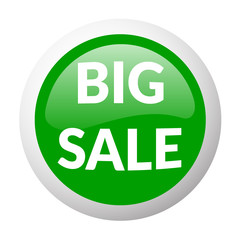 Green round sale button on white background. Volume glass discount price sign. Green big sale icon. Design template isolated on white background. Emblem for advertising message. Vector illustration