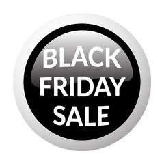 Black round sale button on white background. Volume discount button. Icon for black friday. Discount banner. Christmas sale. Glass effect. Sale design template with advertising message. Vector