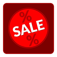 Colorful sale sign. Red label. Icon for special offer. Sale typography background. Red round sale sticker on vinous background. Sale design template in coin style. Vector sticker with sale message.