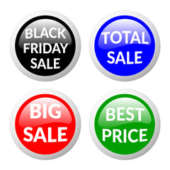 Red, green, black and blue discount price signs on white background. Set of colorfull volume sale stickers and labels. Glass effect. Collection of discount banners. Volume effect. Sale design template