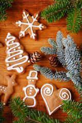 Christmas gingerbread cookies on wooden table