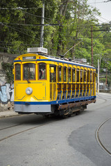 Fototapeta na wymiar Old-fashioned tram stands empty on the streets of Santa Teresa in Rio de Janeiro, Brazil 
