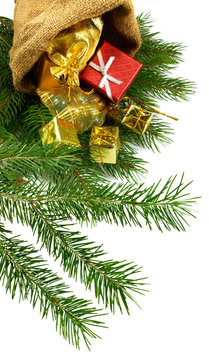 Isolated image of boxes and fir branches Christmas in sack