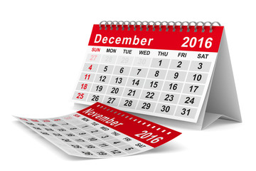 2016 year calendar. December. Isolated 3D image