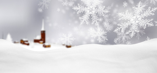 Fototapeta na wymiar Abstrakte, graue, winterliche Grußkarte, Weihnachtskarte mit Schneeflocken, Schneekristallen, Flocken und Schnee im Vordergrund. Hintergrund Vorlage für Panorama Gruß Karten oder horizontale Banner.