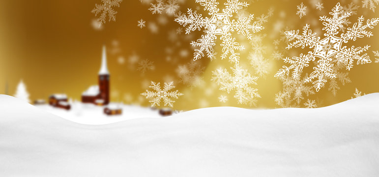 Abstrakte, goldgelbe winterliche Grußkarte, Weihnachtskarte mit Schneeflocken, Schneekristallen, Flocken und Schnee. Hintergrund Vorlage für Panorama, horizontale Banner. Gelb, goldfarben und goldene.