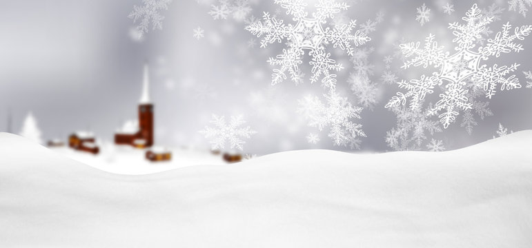 Abstrakte, graue, winterliche Grußkarte, Weihnachtskarte mit Schneeflocken, Schneekristallen, Flocken und Schnee im Vordergrund. Hintergrund Vorlage für Panorama Gruß Karten oder horizontale Banner.