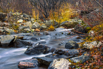Small rocky river.Stream flows in the autumn tundra