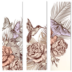 Vector set of floral hand drawn brochures with hummingbirds for