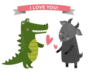 Cute cartoon animals couples fall in love banner vector illustration