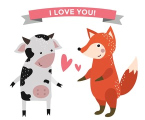 Cute cartoon animals couples fall in love banner vector illustration