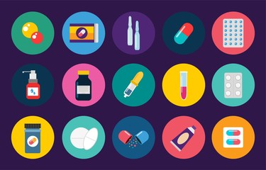 Pills capsules icons vector flat set. Medical vitamin pharmacy illustration