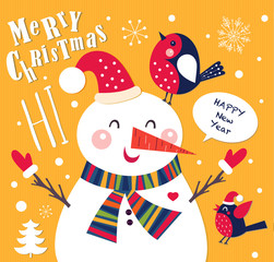 Vector Cheerful Christmas card with Snowman.