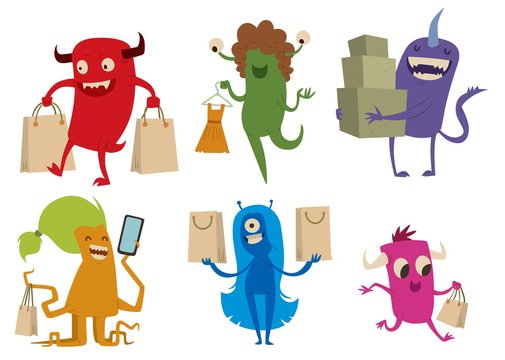 Cartoon cute monsters shopping vector