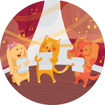 Raster grainy illustration with cat, bunny and dog singing in a chorus together. Animals standing on a stage. Isolated on white in circle.