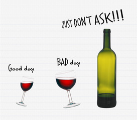 Office alcohol, red wine. Good day, bad day, stress. Humour, fun.