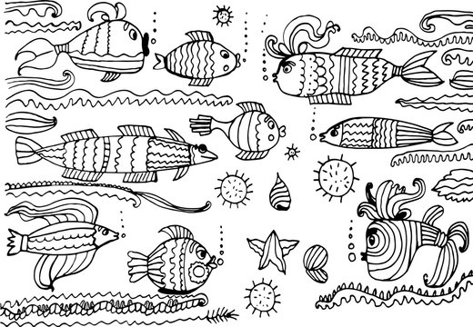 underwater world set of funny sketch Doodle Vector Illustration