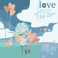 Cheerful cherub girl cupid throws plenty of balloons down from the roof. Cats helping her. Vector cute illustration in pastel colors