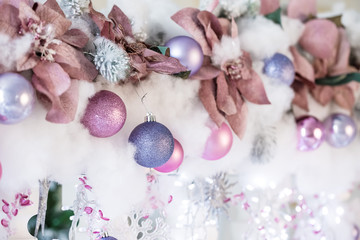 Beautiful Christmas Decoration with Snow, Christmas lights and Christmas balls