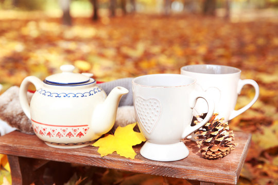 Autumn composition with hot beverage on nature background