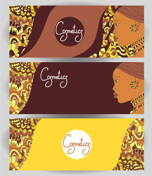 The horizontal banners to the perfumery and cosmetic booklet with hand-drawn elements ornament and African girl