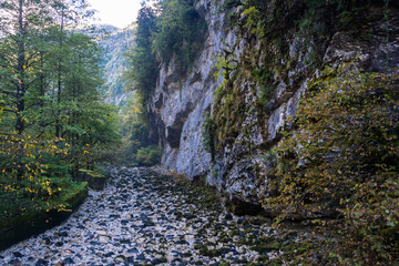 Waterless stony bed of a mountain river.