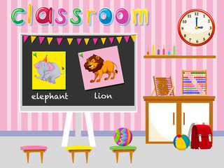 Kindergarten classroom with board and chairs