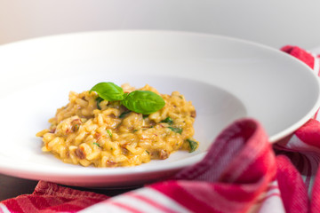 Risotto with dried tomatoes, arugola and basil on white deep plate.