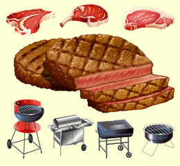 Different kind of meat and grill equipment
