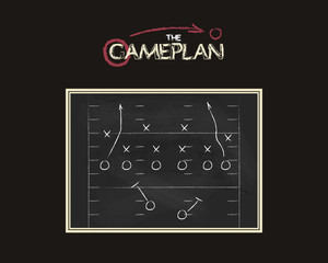 American football field background with game plan blackboard. Chalkboard unusual design. Sports tactic concept. Hand drawn style