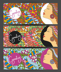 The horizontal banners to the perfumery and cosmetic booklet with hand-drawn elements ornament and girl