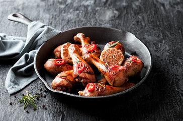 Roasted chicken legs in cast iron skillet, selective focus