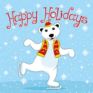 Polar bear skating and wishes Happy Holidays.
