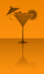 Wine glass of martini with mirror reflection in light orange ton