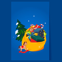 Toy Bag Full of Gifts and Christmas Tree. Holiday Vector 