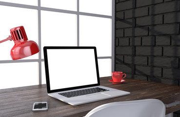 3D illustration laptop and work stuff on table near brick wall, Workspace