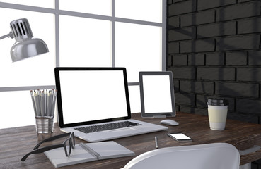 3D illustration laptop and work stuff on table near brick wall, Workspace