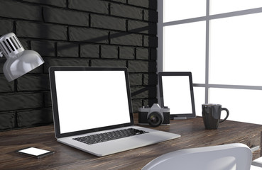 Fototapeta premium 3D illustration laptop and work stuff on table near brick wall, Workspace