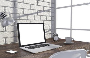 Fototapeta premium 3D illustration laptop and work stuff on table near brick wall, Workspace