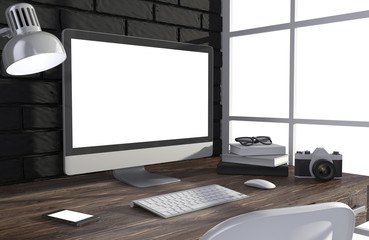 Fototapeta premium 3D illustration PC screen on table in office, Workspace