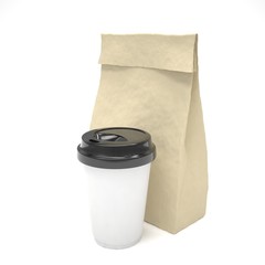 Coffee to go and lunch bag, on white.
