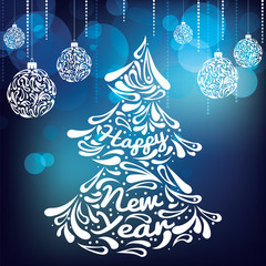 Happy New year and Christmas greeting card. Vector ornamental christmas tree on abstract background. Trendy Design Template.