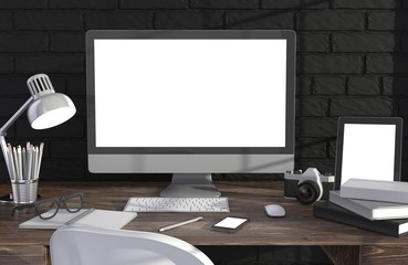 Fototapeta premium 3D illustration PC screen on table in office, Workspace