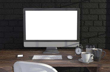 Fototapeta premium 3D illustration PC screen on table in office, Workspace