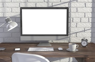 Fototapeta premium 3D illustration PC screen on table in office, Workspace