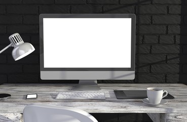 Fototapeta premium 3D illustration PC screen on table in office, Workspace