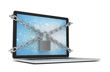 3d illustration computer security. laptop locked with chains and padlock